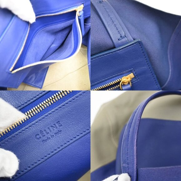 CELINE Logo Horizontal Bi-Cabas Shoulder Tote Bag Leather Blue Gray 82FC123 - Picture 5 of 15